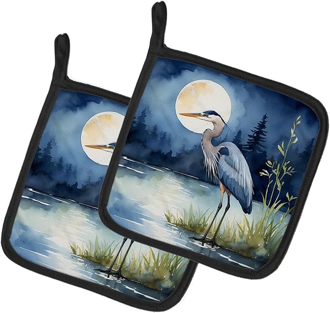 Caroline's Treasures Blue Heron Under The Moonlight Pair of Pot Holders Kitchen Heat Resistant Pot Holders Sets Oven Hot Pads for Cooking Baking BBQ, 7 1/2 x 7 1/2