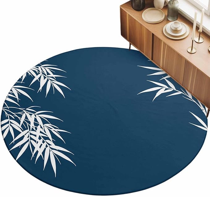 Washable Round Area Rug Country Leaf on Dark Blue Circle Rugs Floor Carpet for Living Room Bedroom, Botanical Silhouette Minimalist Style Soft Non Slip Round Rug 3ft