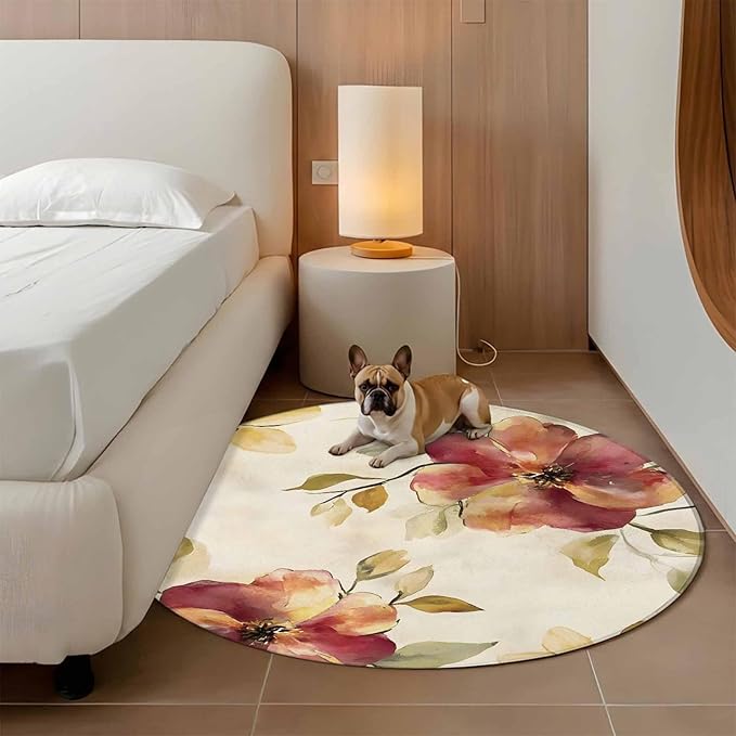 Washable Round Area Rug Oil Painting Style Flowers Circle Rugs Floor Carpet for Living Room Bedroom, Vintage Country Floral Soft Non Slip Round Rug 4ft