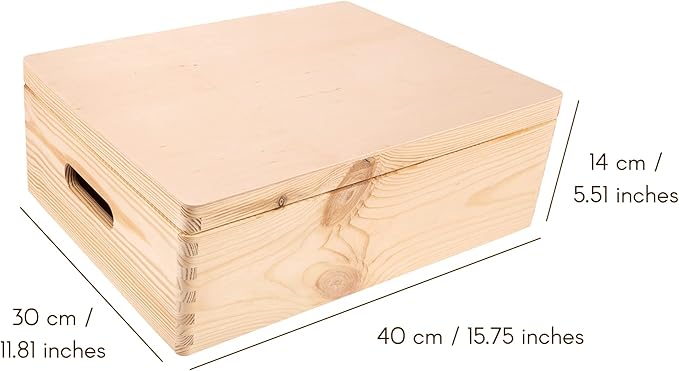 Creative Deco XL Wooden Storage Box with Hinged Lid | 15.8x11.8x5.5in (+-0.5) | Keepsake Unfinished Plain Unfinished Gift Box with Handles for Tool Toy Kitchen Jewelry | ROUGH & UNSANDED Wood Trunk