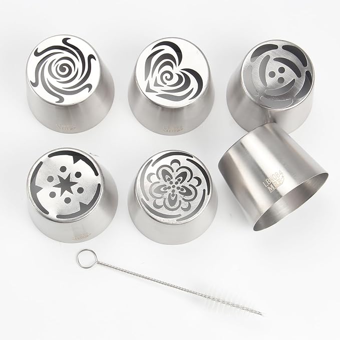 Extra Large Russian Piping Tip Set - 6 Stainless Steel Marshmallow Buttercream Framing Nozzles for 3D Roses Tulip Cake Decorations and Marshmallow Bouquets, Includes 1 Cleaning Brush(6I)