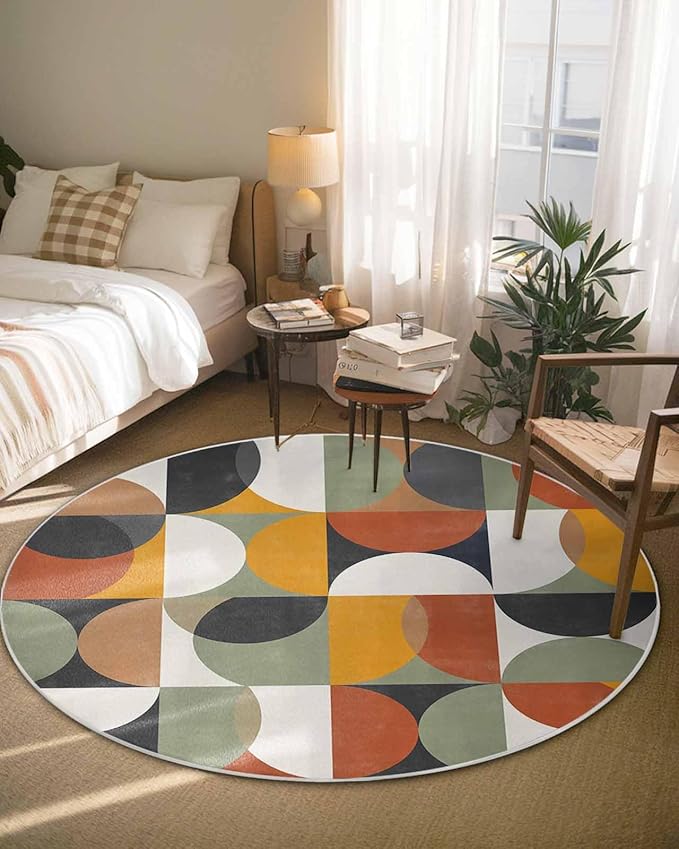 Round Area Rug,Mid Century Color Block Abstract Geometric Circle Living Room Rug Non-Slip Rugs Indoor Carpet,Colorful Nordic Style Soft Comfort Rugs for Bedroom KidsRoom Nursery