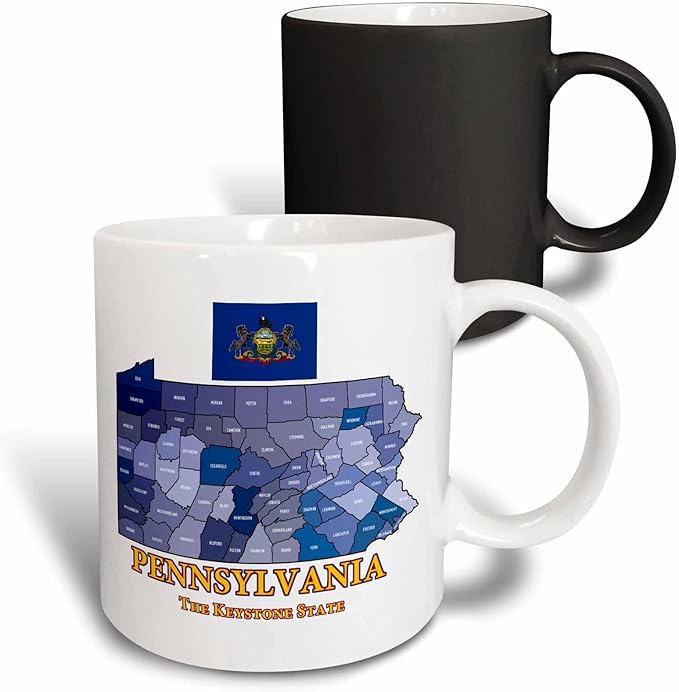 3dRose Map, Flag and nickname of Pennsylvania, counties colored and labeled 11oz Magic Transforming Mug