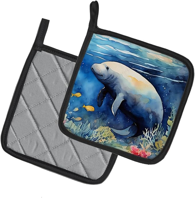 Caroline's Treasures Manatee Pair of Pot Holders Kitchen Heat Resistant Pot Holders Sets Oven Hot Pads for Cooking Baking BBQ, 7 1/2 x 7 1/2