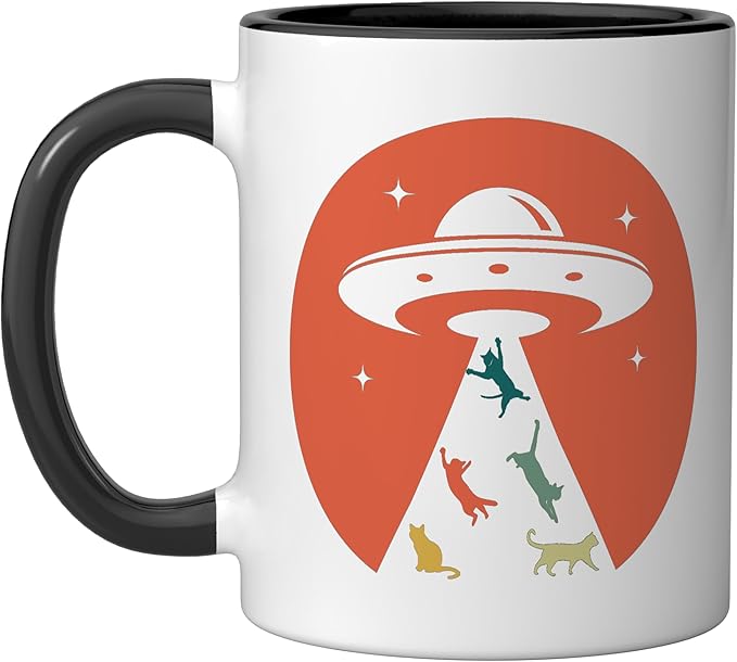 Cat UFO Funny Cat humor Kitten Owner UFO lover flying saucer Ceramic Mug, Black/White