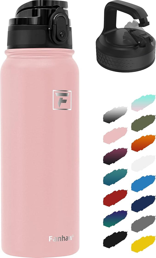 Fanhaw 20 oz Insulated Stainless Steel Water Bottle with Anti-Dust Chug Lid & Carabiner Lid, Leakproof Vacuum Metal Bottle for Kids, Women & Men (Pink)