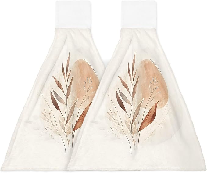 Alandar Home Kitchen Tie Towel Set of 2, Bohemian Color Block Abstract Leaf Absorbent Soft Hand Towels for Bathroom Hanging Towels, Nordic Minimalist Style Fast Drying Cleaning Cloth with Loop