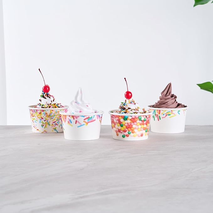 Restaurantware Paper Cups 200 Count 8 Ounce Square Disposable Ice Cream Containers, Leak-Resistant Paper Dessert To Go Cups, Hot And Cold Food, Durable Assorted Sprinkle Design