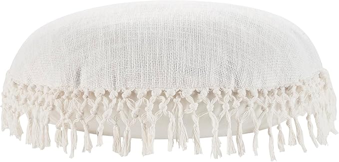 Indigo Ink Round White Decorative Throw Pillow with Tassels - 20" x 20" | Cotton Throw Cushion for Couch, Chair, Bed | Cute Home Decor | Soft Plush Filling | Tufted Medallion Collection, Bright White