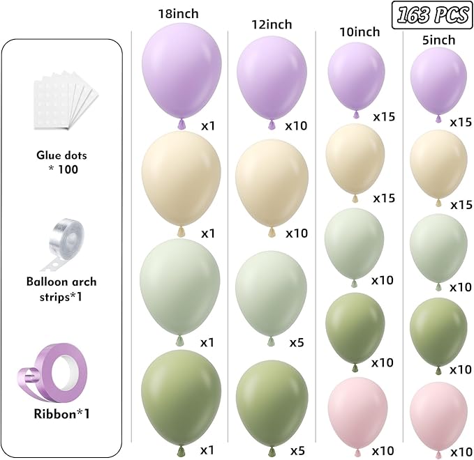 Pastel Balloon Arch Garland Kit 154pcs, Double Stuffed Light Green Sage Green Purple Yellow Macaron Pink Balloons Arch Kit for Wildflower Baby Shower Wedding Birthday Party Decorations