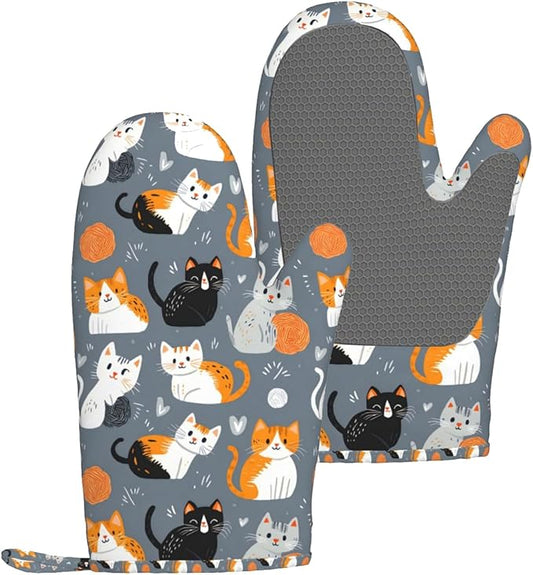 Grey Cat Silicone Oven Mitts Set of 2, Heat Resistant up to 500°F, Kitchen Oven Gloves with Non-Slip Grip and Soft Cotton Lining for Baking, Cooking and BBQ