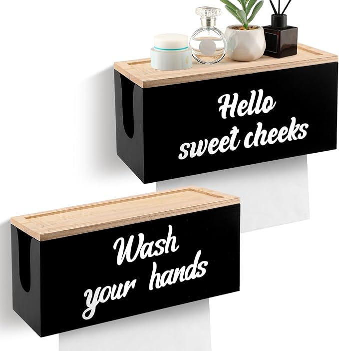 Patelai 2 Pcs Paper Towel Dispenser Wall Mount Wooden Bathroom Paper Towel Holder with Lid Commercial C-Fold, Z-Fold, Trifold Hand Tissue Holder Dispenser for Bathroom Kitchen Office Decor