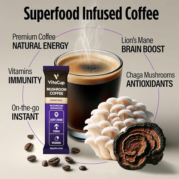 VitaCup Mushroom Coffee Instant Packets, for Memory & Clarity Support, w/Fiber, Chaga, Lion’s Mane, D3, B Vitamins, Medium Roast, 100% Arabica & Robusta Coffee in Single Serve Sticks, 24 Ct