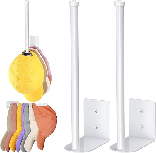 2 Pack White Hat Racks for Baseball Caps, Stainless Steel Hat Organizer for Baseball Cap, Hat Holder Storage Organizer, Hat Hanger Strong Adhesive/Wall Drilled for Door, Bedroom, Closet(8.26 in)