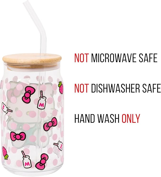 Silver Buffalo Sanrio Hello Kitty Strawberry Milk Bow Pink Polka Dot Glass Jar Tumbler with Bamboo Lid and Glass Straw, 16 Ounces (Pack of 12)