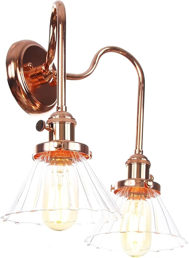 Wall Lamps with Switch, 2-Lights Rose Gold Bathroom Vanity Lights Wall Mounted Lighting Clear Glass Lampshade Wall Sconces(Color:A)