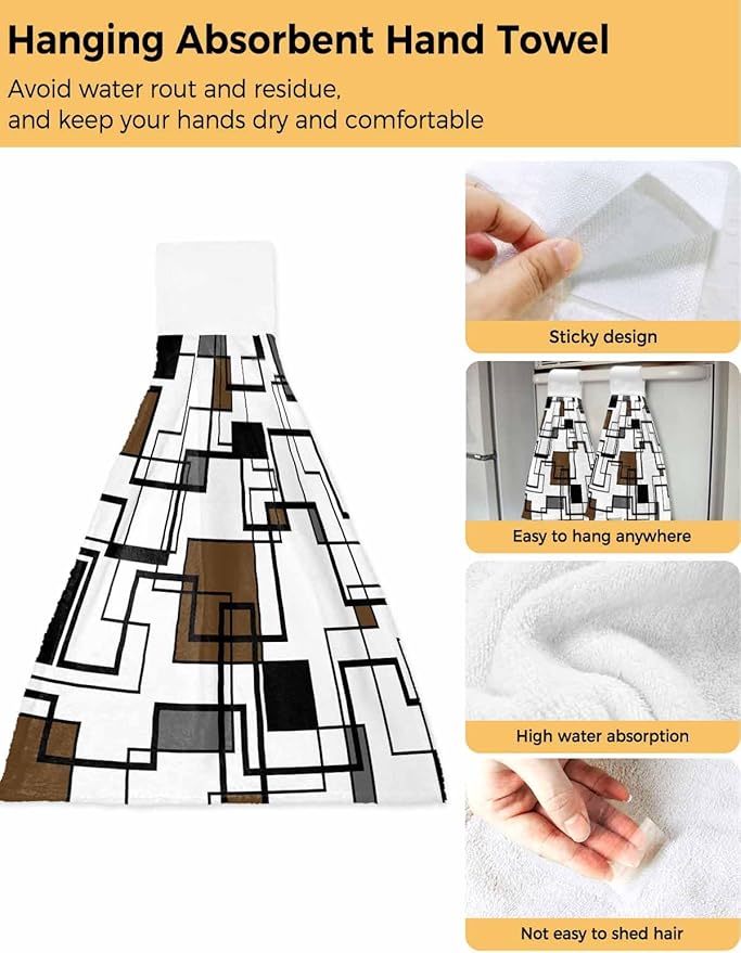 Alandar Home Kitchen Tie Towel Set of 2, Brown Black Geometric Lines Art Absorbent Soft Hand Towels for Bathroom Hanging Towels, Abstract Color Block Fast Drying Cleaning Cloth with Loop