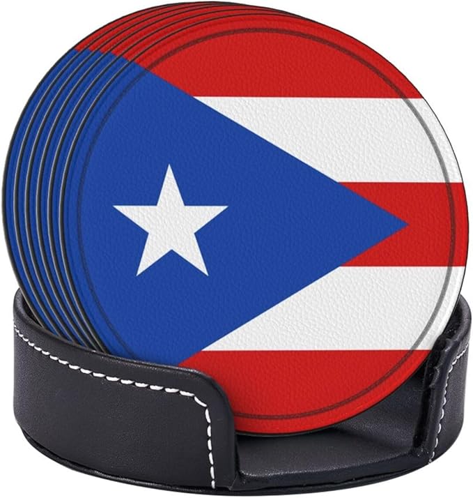 Puerto Rico Flag Leather Drinks Coasters with Holder, Set of 6, Suitable for Various Cups