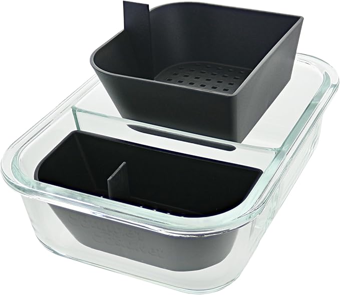Two Compartment Borosilicate Glass Container Cleaning Tool with Sealable Lid (Black)