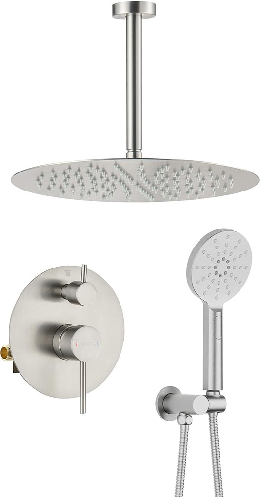 KIBI Circular Ceiling Mounted Shower System with 2-Function Faucet Set | Solid Brass Pressure Balanced Valve | Anti-Scald Design for Reliable Water Temperature Control (Brushed Nickel Finish, KSF408)