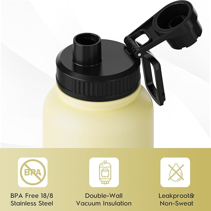 Navigate 32 oz Insulated Stainless Steel Sports Water Bottle with Spout & Handle Lids,Wide Mouth Water Jug with Double Walled Leak Proof Keep Cold for 24 Hrs Hot for 12 Hrs,Faint Yellow