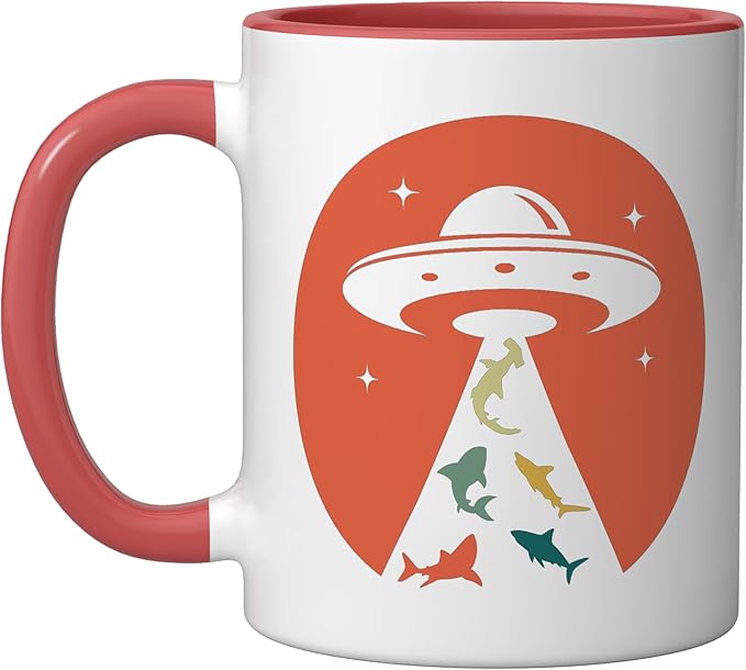 Funny UFO shark lover humor UFO lover flying saucer Ceramic Mug, Red/White
