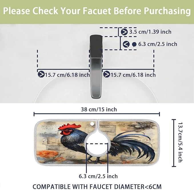 Rooster Watercolor Flowers Kitchen Sink Splash Guard Absorbent Fast Drying Mat Sink Gadgets Washable Sink Matt for Kitchen Faucet Splash Guard
