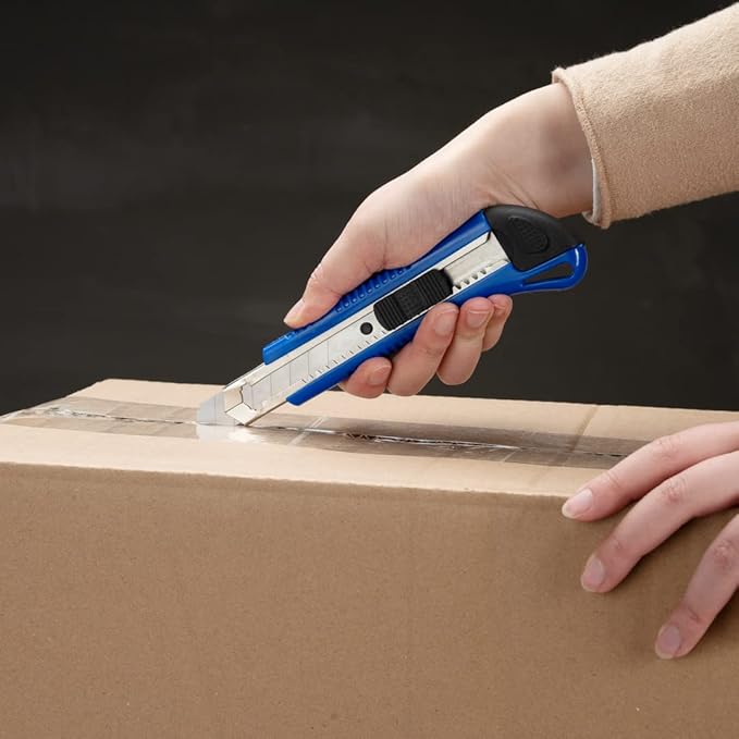 Handy Tek 6.5 Inch Utility Knives, 4 Anti-Slip Box Knives - Heavy Duty, Retractable, Blue Plastic Box Cutters, Built-In Lock, Sharp Blade - Restaurantware