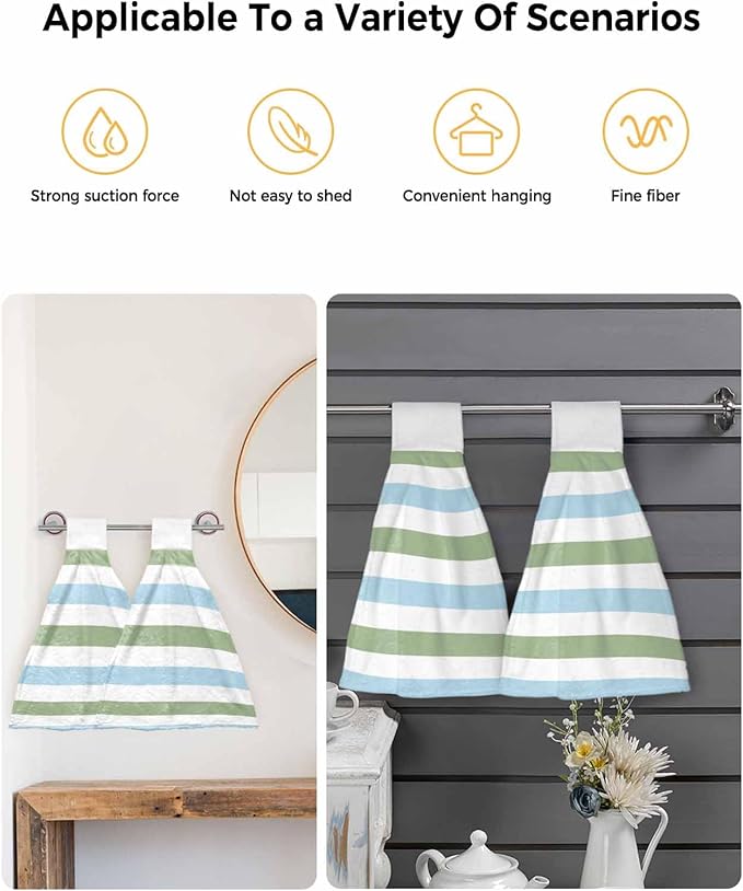 Alandar Home Kitchen Tie Towel Set of 2, Geometric Sage Green and Blue Stripes Absorbent Soft Hand Towels for Bathroom Hanging Towels, Minimalist Lines on White Fast Drying Cleaning Cloth with Loop