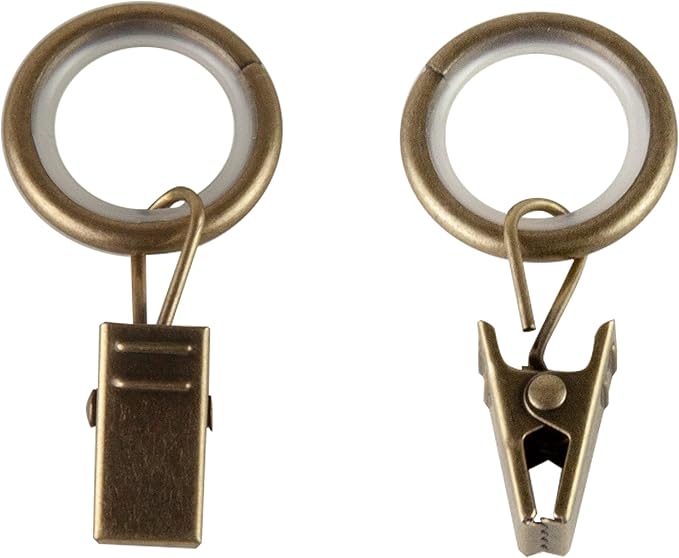 5/8 inch Noise-Canceling Curtain Rings w/Clip (Set of 10) - Antique Brass