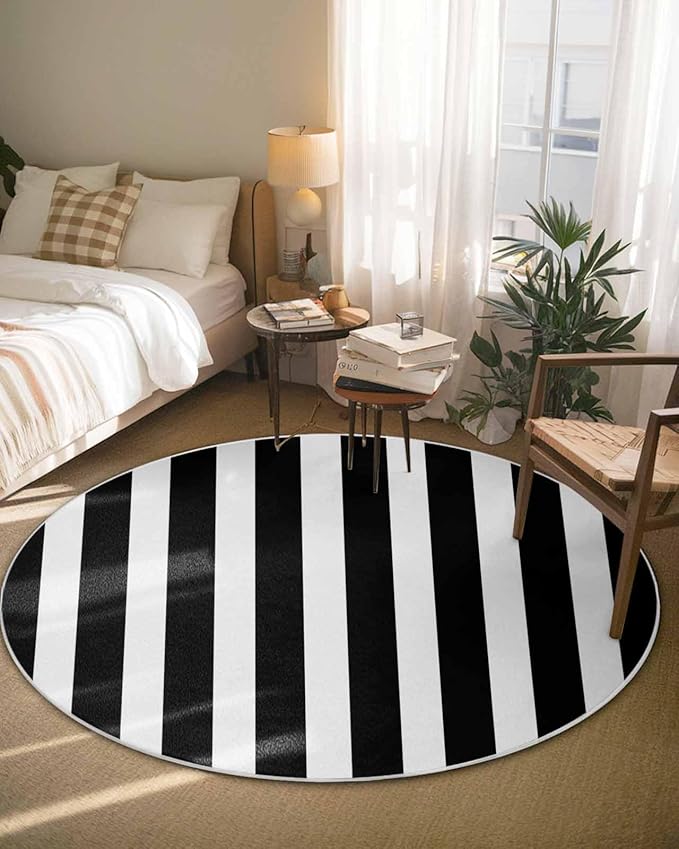 Round Area Rug,Black and White Stripe Circle Living Room Rug Non-Slip Rugs Indoor Carpet,Geometric Modern Minimalist Art Soft Comfort Rugs for Bedroom KidsRoom Nursery