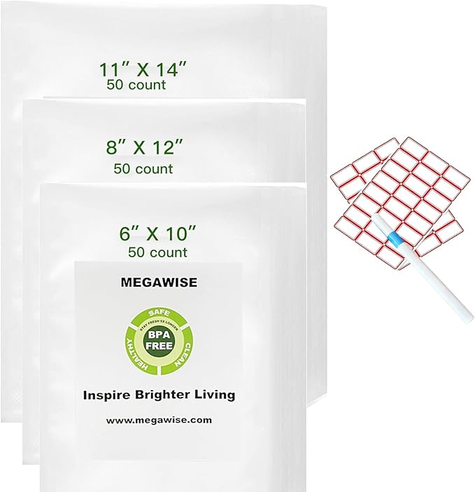 MEGAWISE Vacuum Sealer Bags Variety Pack with Labels & Marker, 150 Pre-Cut Bags (11"×14", 8"×12", 6"×10"), BPA-Free for All Vacuum Sealers