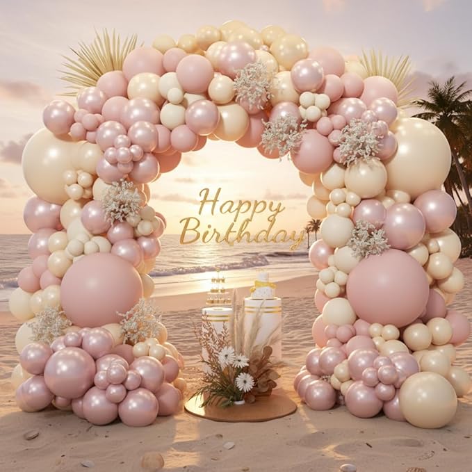 Boho Dusty Pink Balloon Arch Garland Kit 153pcs, Double Stuffed White Pearl Balloon Blush Neutral Pink Balloons Arch Kit for Birthday Wedding Bridal Baby Shower Gender Reveal Party Decoration
