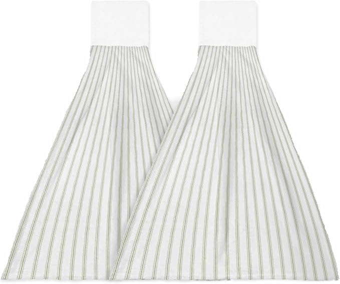Alandar Home Kitchen Tie Towel Set of 2, Sage Green Striped on White Art Absorbent Soft Hand Towels for Bathroom Hanging Towels, Minimalist Modern Texture Fast Drying Cleaning Cloth with Loop