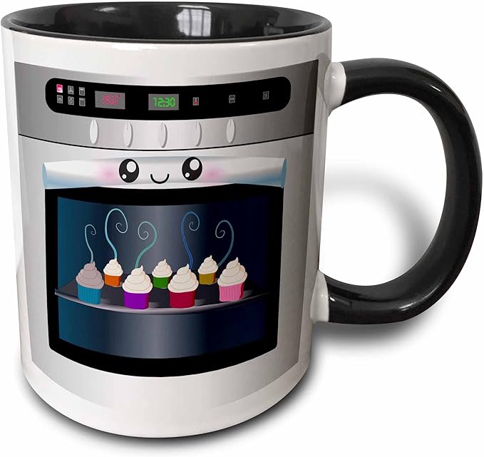 3dRose Cute kawaii happy smiling oven filled with baking cupcakes - for chefs foodies and cooking fans 11oz Two-Tone Black Mug