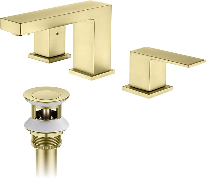 KIBI 2-Handle Cube Bathroom Sink Faucet with Drain Assembly | 3-Hole Installation, Solid Brass Construction | 8-Inch Wide Spread Lavatory Faucet | Brushed Gold Finish, KBF1024