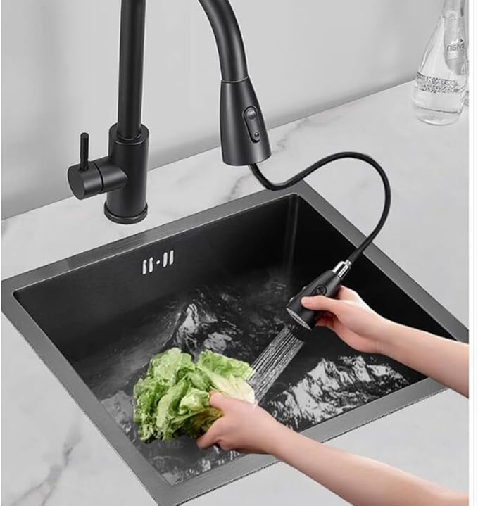 Single Bowl Restaurant Studio Bar Siphon Sink with Faucet Stainless Steel Small Size Single Bowl Sink Easy to Clean Sink Kitchen Washing Basin (Black 52 * 40 * 21cm)