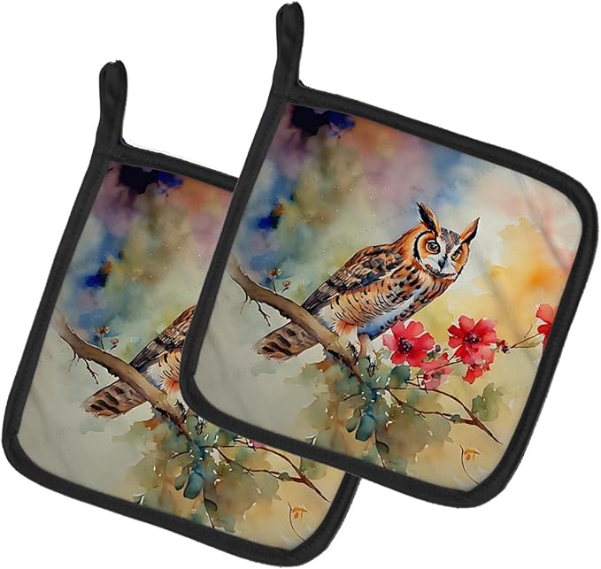 Caroline's Treasures Long-Eared Owl Pair of Pot Holders Kitchen Heat Resistant Pot Holders Sets Oven Hot Pads for Cooking Baking BBQ, 7 1/2 x 7 1/2
