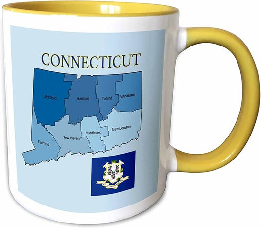 3dRose Flag and map of the state of Connecticut with counties labeled 15oz Two-Tone Yellow Mug
