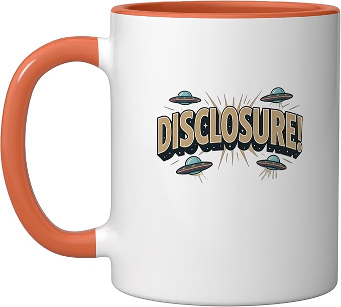 UFO DISCLOSURE Extraterrestrial ET's Aliens Spacecraft SciFi Ceramic Mug, Orange/White