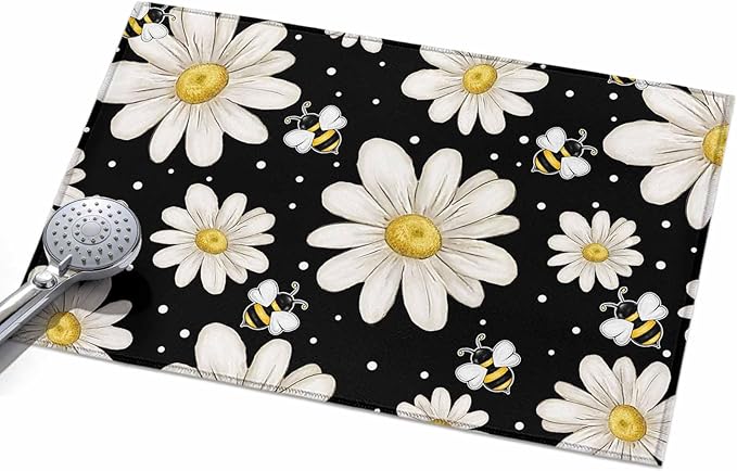 Area Rug 2x3ft, Watercolor White Floral Daisy Bee Washable Rugs for Living Room Bedroom, Blossom Flower on Black Soft Non-Slip Area Rugs Rectangle Floor Carpet for Dining Room