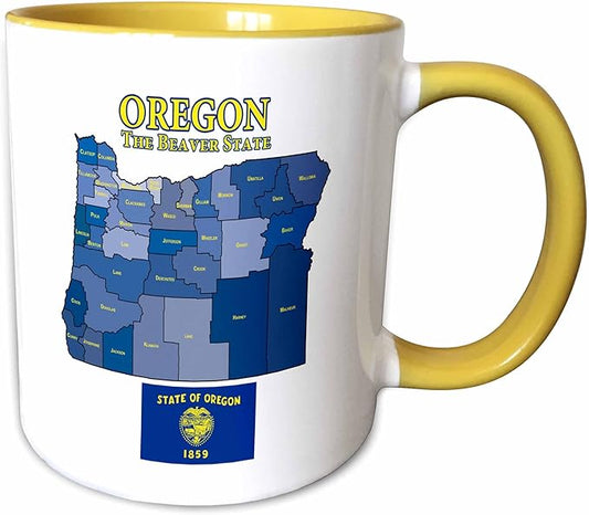 3dRose Map, Flag and nickname of Oregon with all counties colored and labeled 11oz Two-Tone Yellow Mug