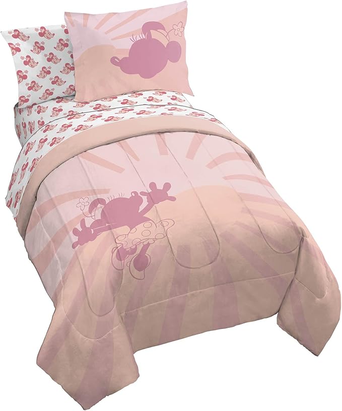 Disney Minnie Mouse Twin Size Comforter Set - 5 Piece Bedding Includes Sheet Set & Pillow Covers - Super Soft Cozy Pink Bedding