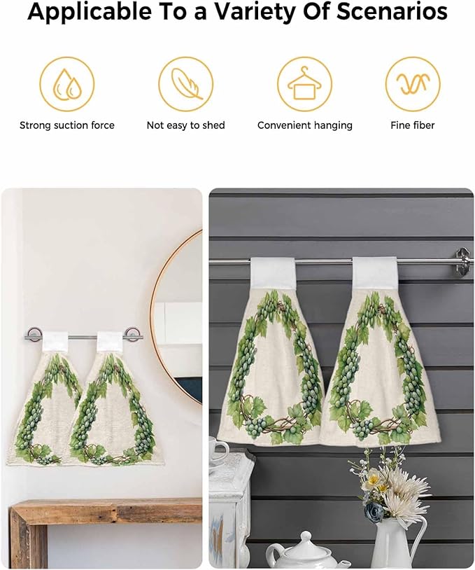 Alandar Home Kitchen Tie Towel Set of 1, Spring Green Grapes Vine on Beige Linen Absorbent Soft Hand Towels for Bathroom Hanging Towels, Pastoral Botanical Fast Drying Cleaning Cloth with Loop