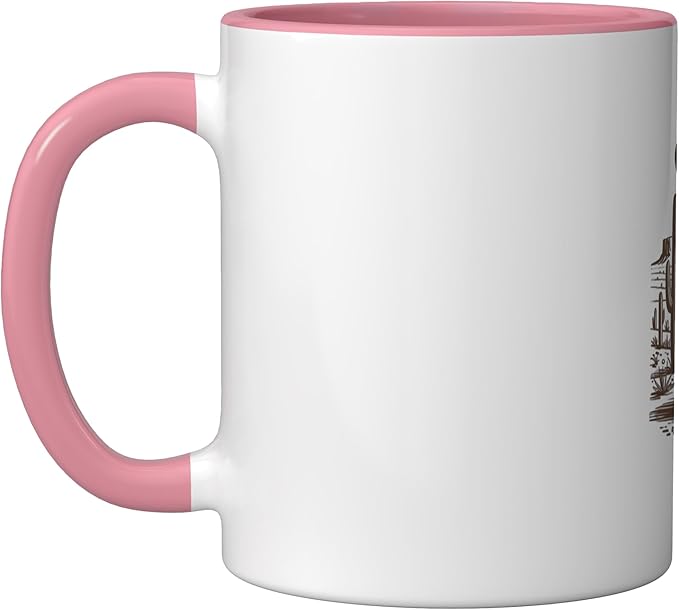 Retro Cowboy Cat UFO Desert Western Feline Art Ceramic Mug, Pink/White