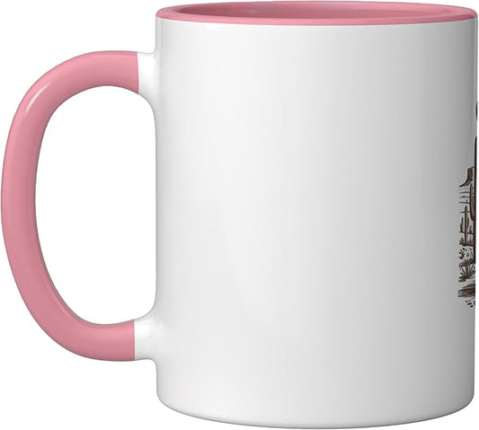 Retro Cowboy Cat UFO Desert Western Feline Art Ceramic Mug, Pink/White