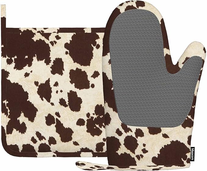Mxocom Brwon Cowhide Oven Mitts and Pot Holders Sets Cow Skin Vintage Big Cow Bull Fur Animal Silicone Heat Resistant Kitchen Oven Gloves Pot Holder for Cooking