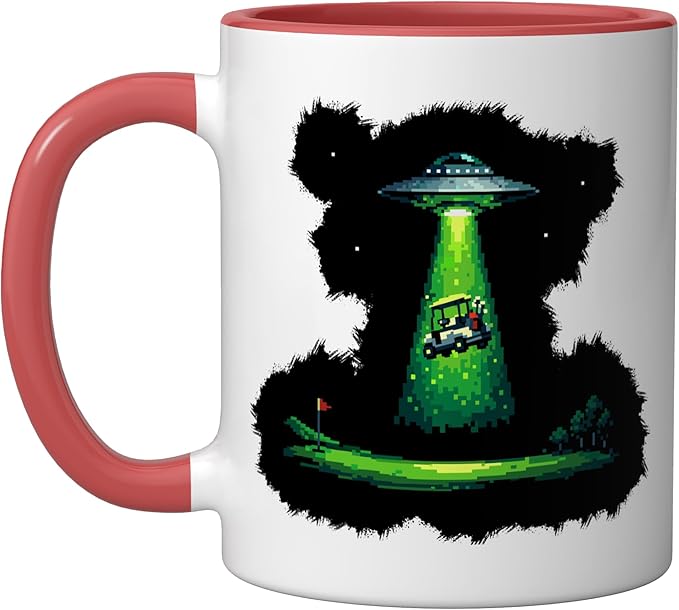 Retro Pixel Art UFO Abducting Golf Cart Funny Alien Golfing Ceramic Mug, Red/White