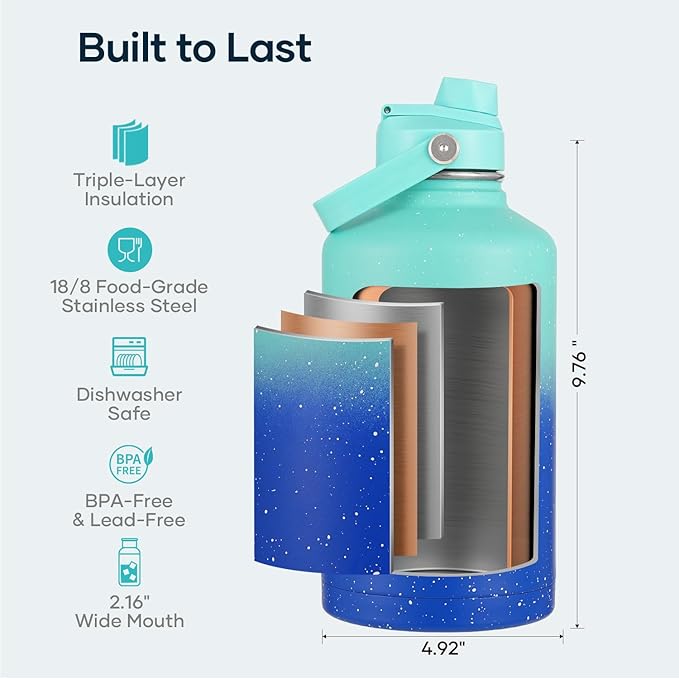 BUZIO 64oz Insulated Water Bottle with Straw Lid and Spout Cap, Stainless Steel Powder-Coat Water Flask, Keep Beverage Cold for 48 Hrs Hot for 24 Hrs Simple Thermo Canteen Mug, Starry Gradient Blue