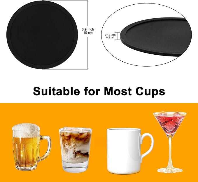 Silicone Coasters Set of 12 with Holder, Drinking Coasters - Cup Mat for Hot or Cold Drinks,Beer,Coffee, Thickened, Non-Slip, Non-Stick, Deep Tray Black